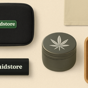 Flat lay of Ouid Store accessories: pouch, lighter, grinder, cork tray