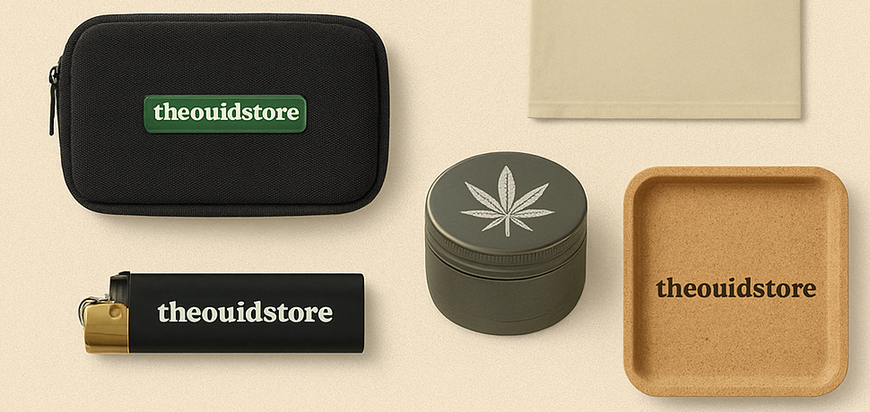 Flat lay of Ouid Store accessories: pouch, lighter, grinder, cork tray