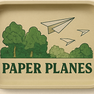 The Ouid Store Paper Planes rolling tray, tan with green tree and paper airplane graphic
