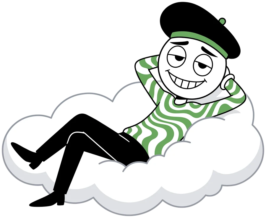 Jack, The Ouid Store mascot, lounging on a cloud