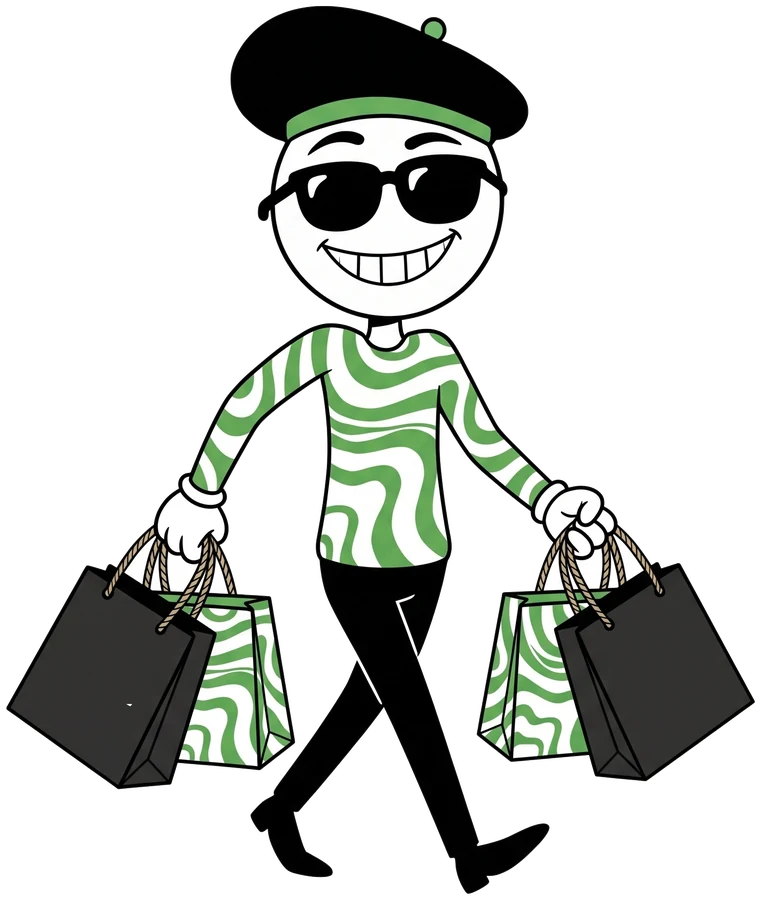 Jack, The Ouid Store mascot, walking out of the store with shopping bags