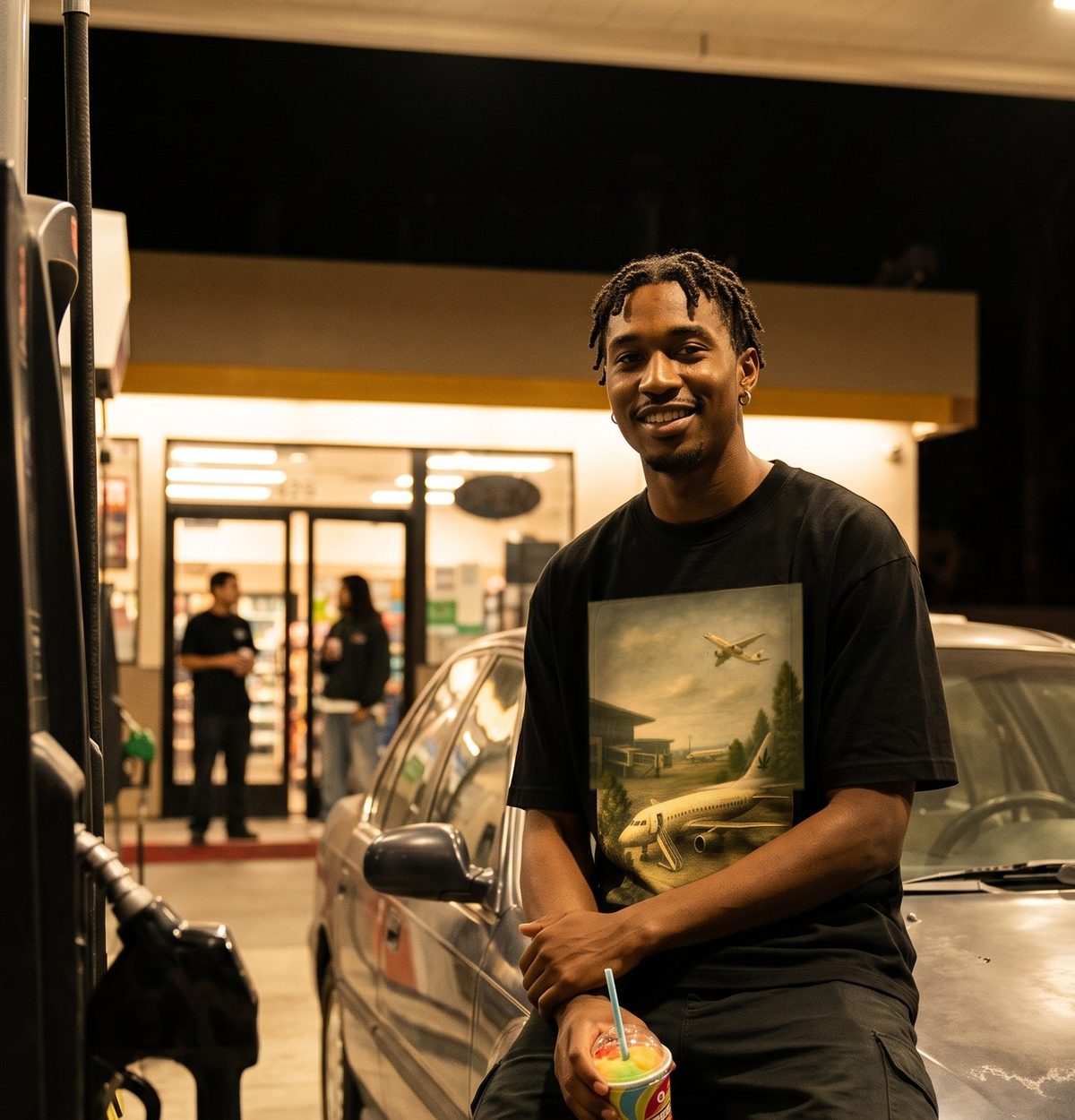 Man wearing the black Paper Planes oversized graphic tee at a gas station at night
